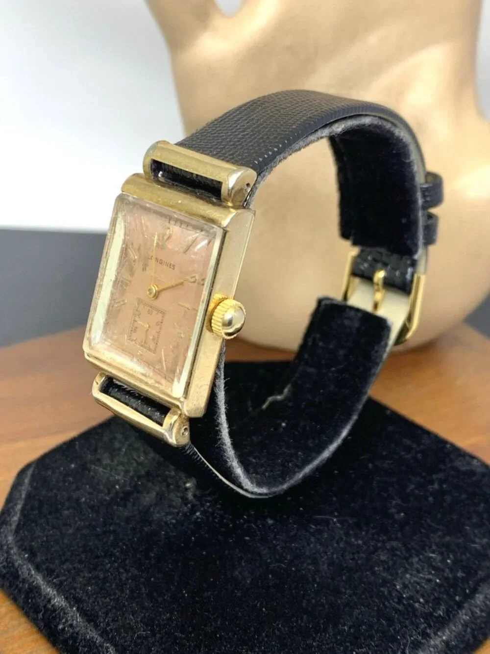 Longines Watch 1930s Vintage Swiss Mechanical Rose Dial Black Leather Strap Tank
